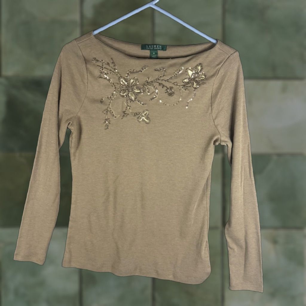 Ralph Lauren Lauren Ralph Lauren Shirt Womens Medium Brown Boat Neck Sequin Floral Top Size M / US 6-8 / IT 42-44 - 1 Thumbnail