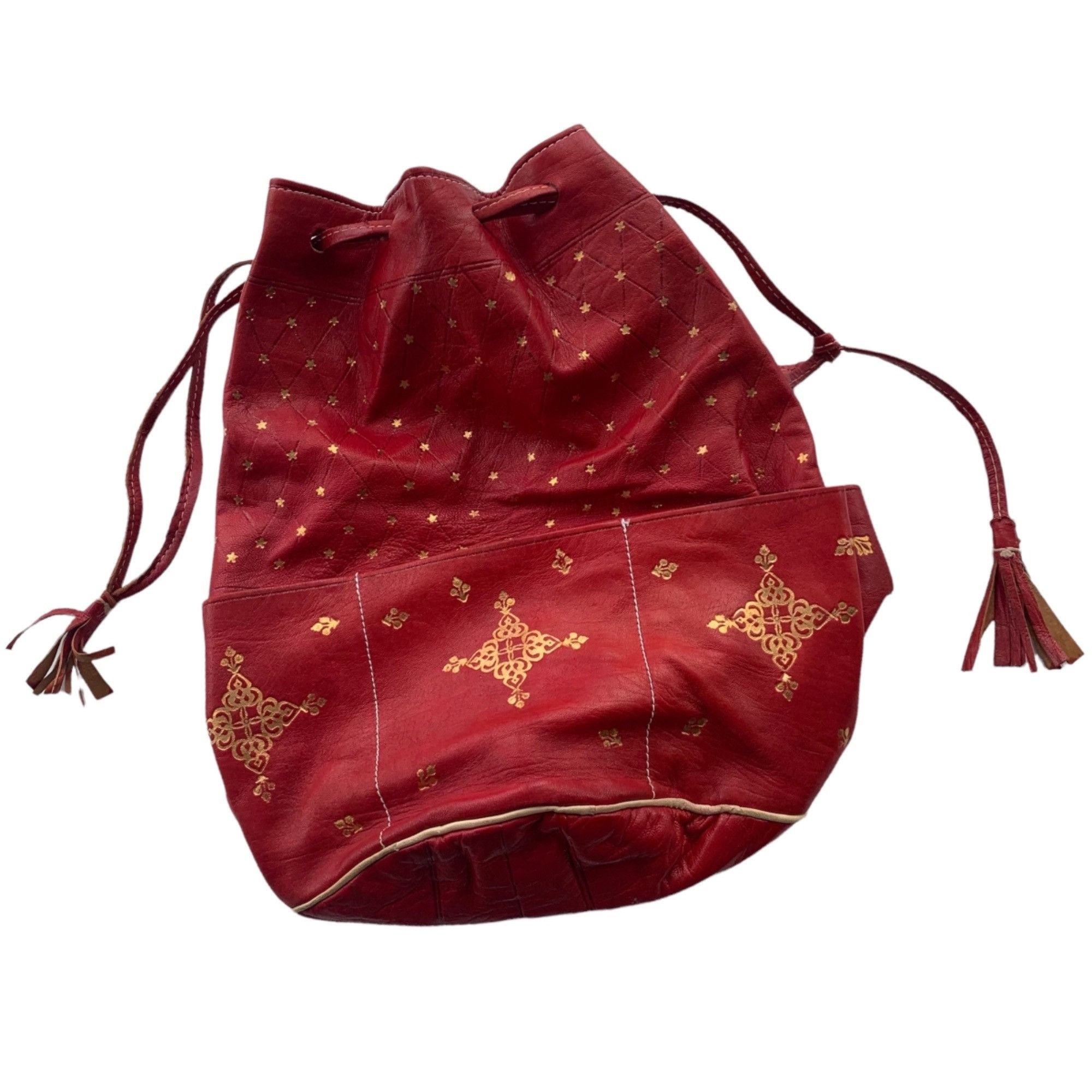Vintage Red Leather Gold Foiled Star Print Drawstring Bucket