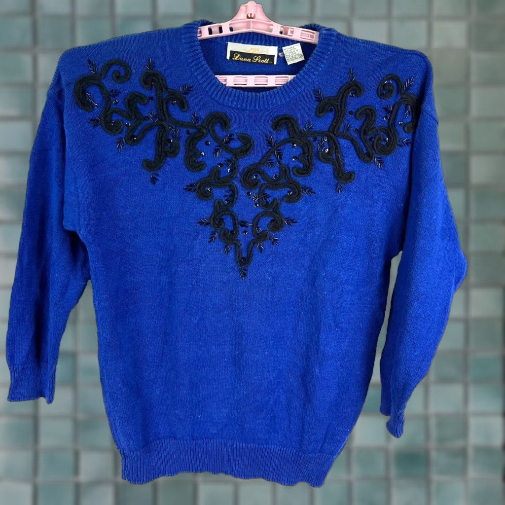 Vintage VINTAGE Dana Scott Beaded Knit Sweater Womens Medium Blue Geometric 80s 90s Art Designer Size M / US 6-8 / IT 42-44 - 1 Thumbnail