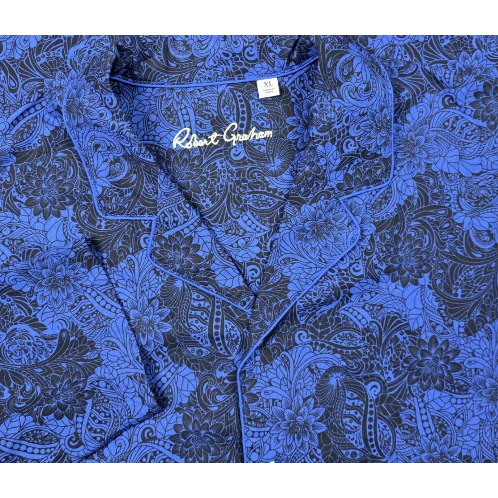 Robert Graham Robert Graham Pajama Top Shirt XL Cotton Button Up Royal Blue & Black Floral AOP Paisley Modern Sleepwear Men Size US XL / EU 56 / 4 - 2 Thumbnail