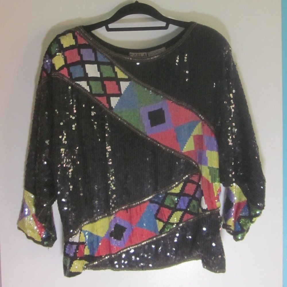Vintage SCALA Vintage Sequin Top Womens Size L Long Dolman Sleeve Bl Size L / US 10 / IT 46 - 4 Thumbnail