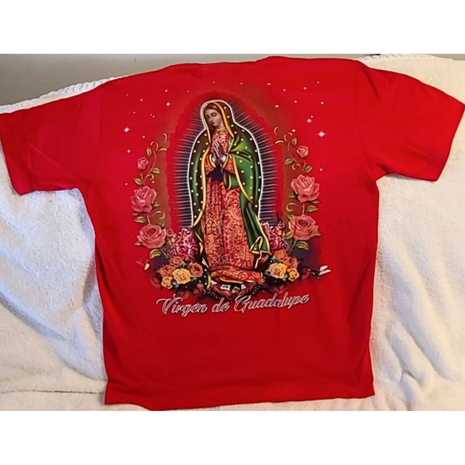 Vintage VINTAGE VIRGEN DE GUADALUPE VIRGIN MARY ROSE FLOWER STARS PRAY RED T-SHIRT Mens L Red 100% Cotton Graphic Tee Size US L / EU 52-54 / 3 - 2 Thumbnail
