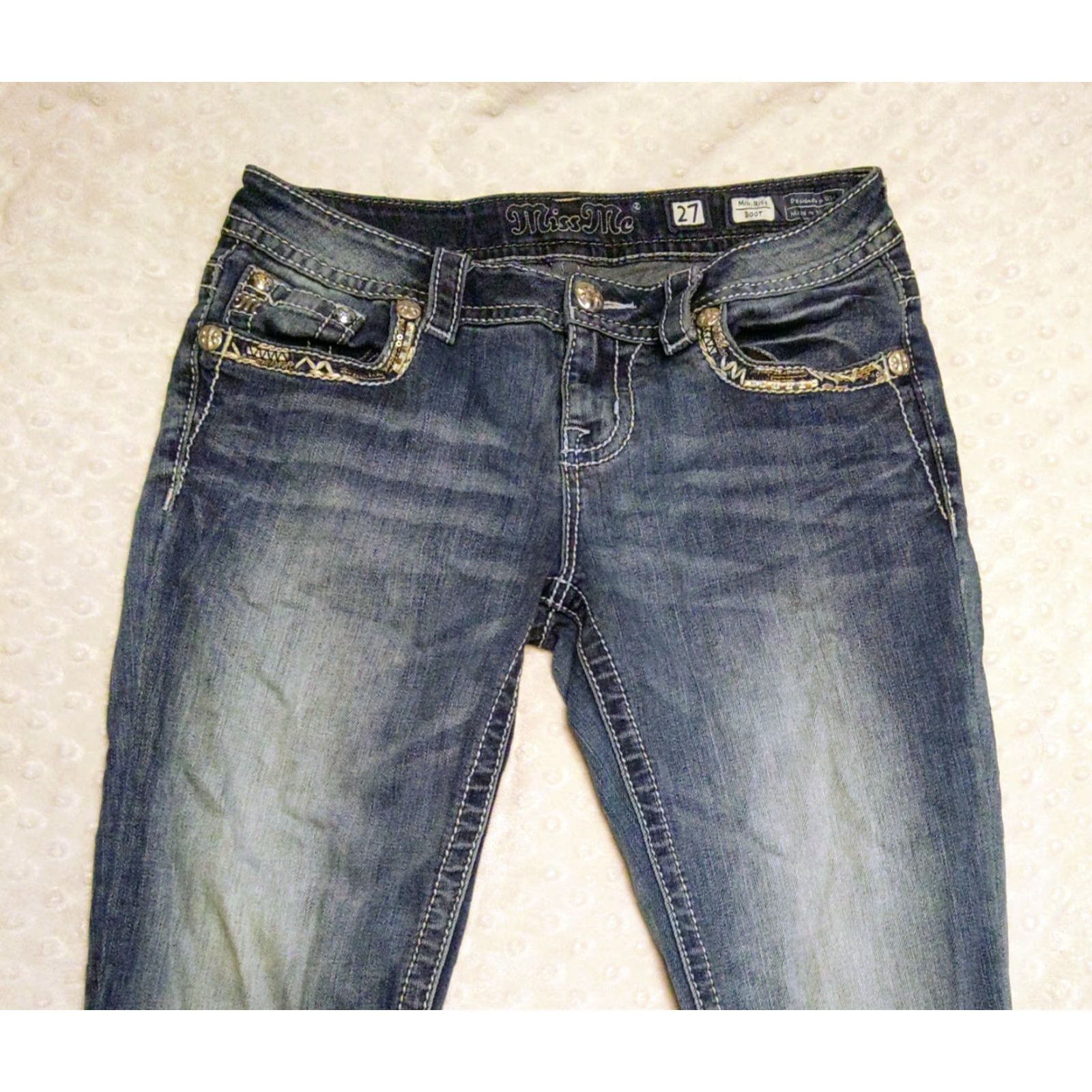 Miss Me Miss Me Jeans Womens 27 Blue Dark Wash Mid-Rise Boot Rhinestone Embroidered Logo 5-Pocket Denim Stretch Bootcut Size 27" / US 4 / IT 40 - 4 Thumbnail