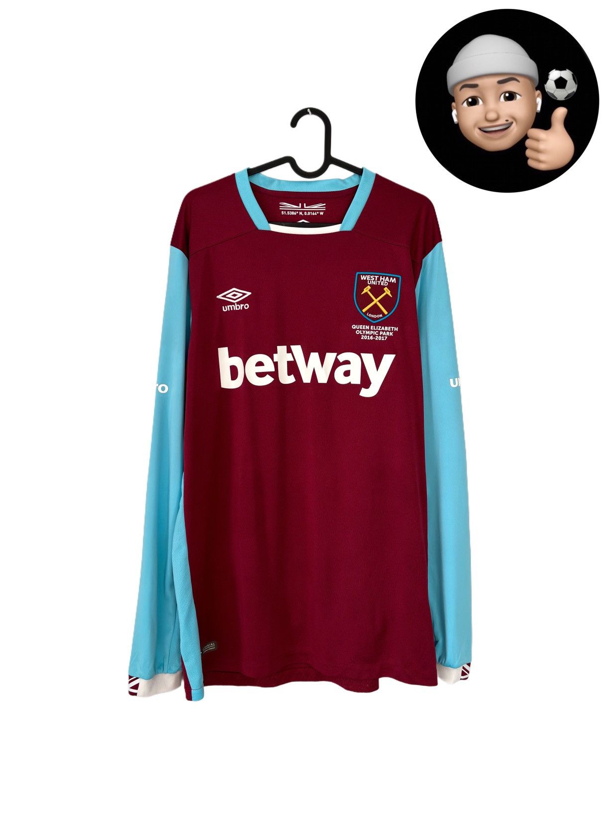 Umbro 2016 2017 West Ham Umbro Long Home Kit Soccer Jersey Shirt Size US XL / EU 56 / 4 - 1 Thumbnail