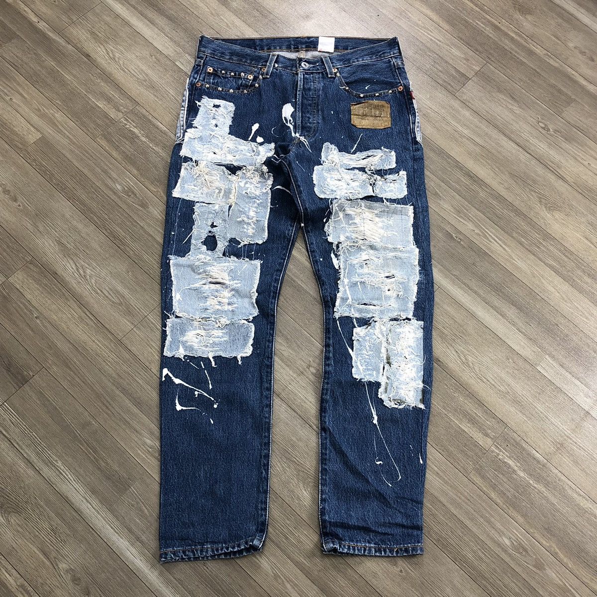 90s Vintage Levis 501 USA Rework Painted Custom Blue Jeans