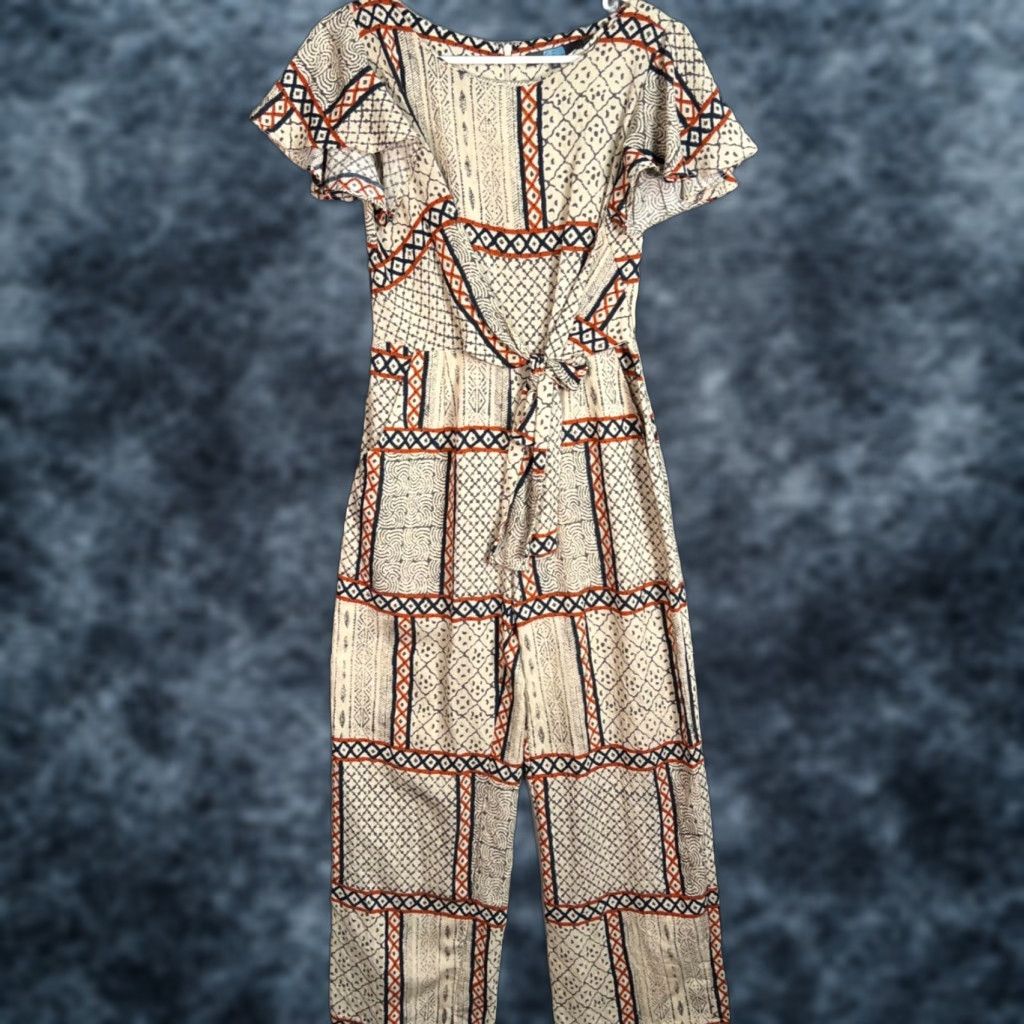 VINTAGE Eva Franco Jumpsuit Womens Patchwork Print W/ Flutter Sleeves Size 0 Beige Nylon Rayon Wide-Leg Adult Womens 0