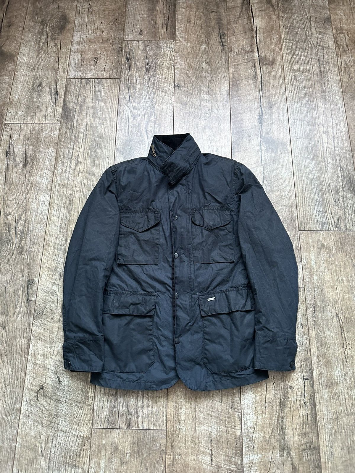 image of Vintage Barbour Tailored Sapper Waxed Jacket in Navy, Men's (Size Small)