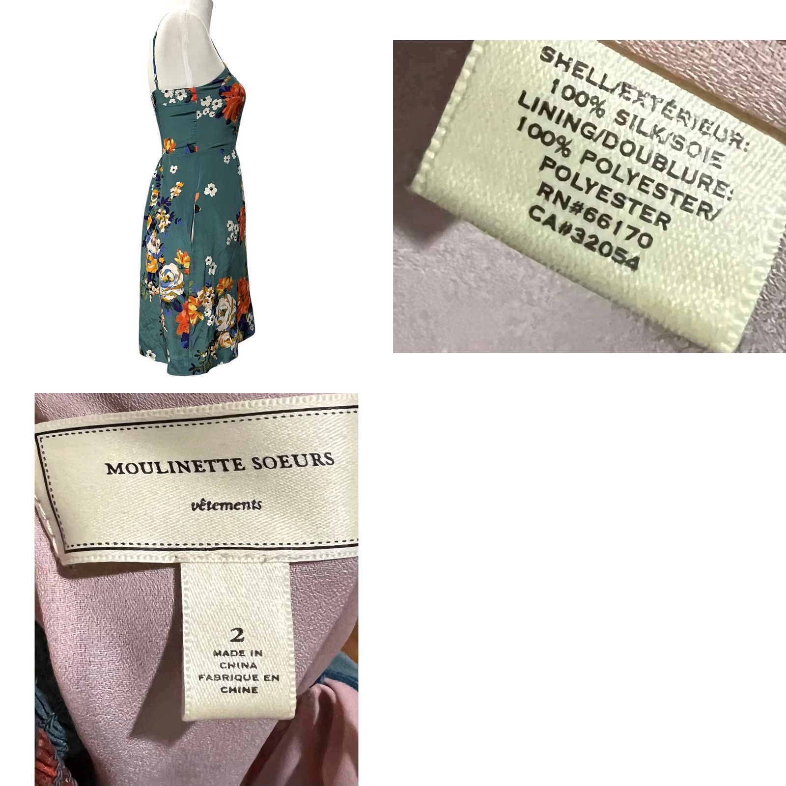 Vintage Moulinette Soeurs Silk Slip Dress Spaghetti Straps Green Floral w/ Pockets Sz 2 Size XS / US 0-2 / IT 36-38 - 8 Thumbnail