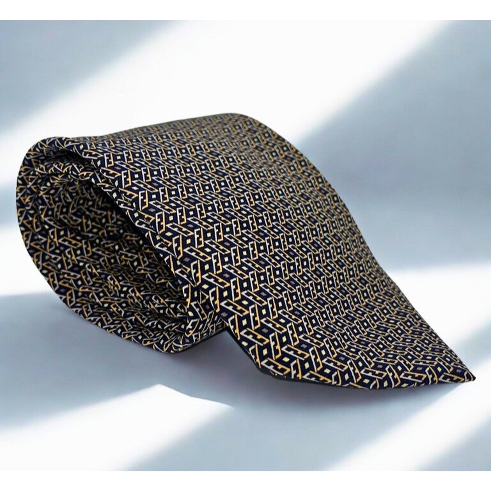 Fendi Fendi Cravatte Vintage Silk Tie Navy Gold All Over FF Logo Size ONE SIZE - 11 Thumbnail
