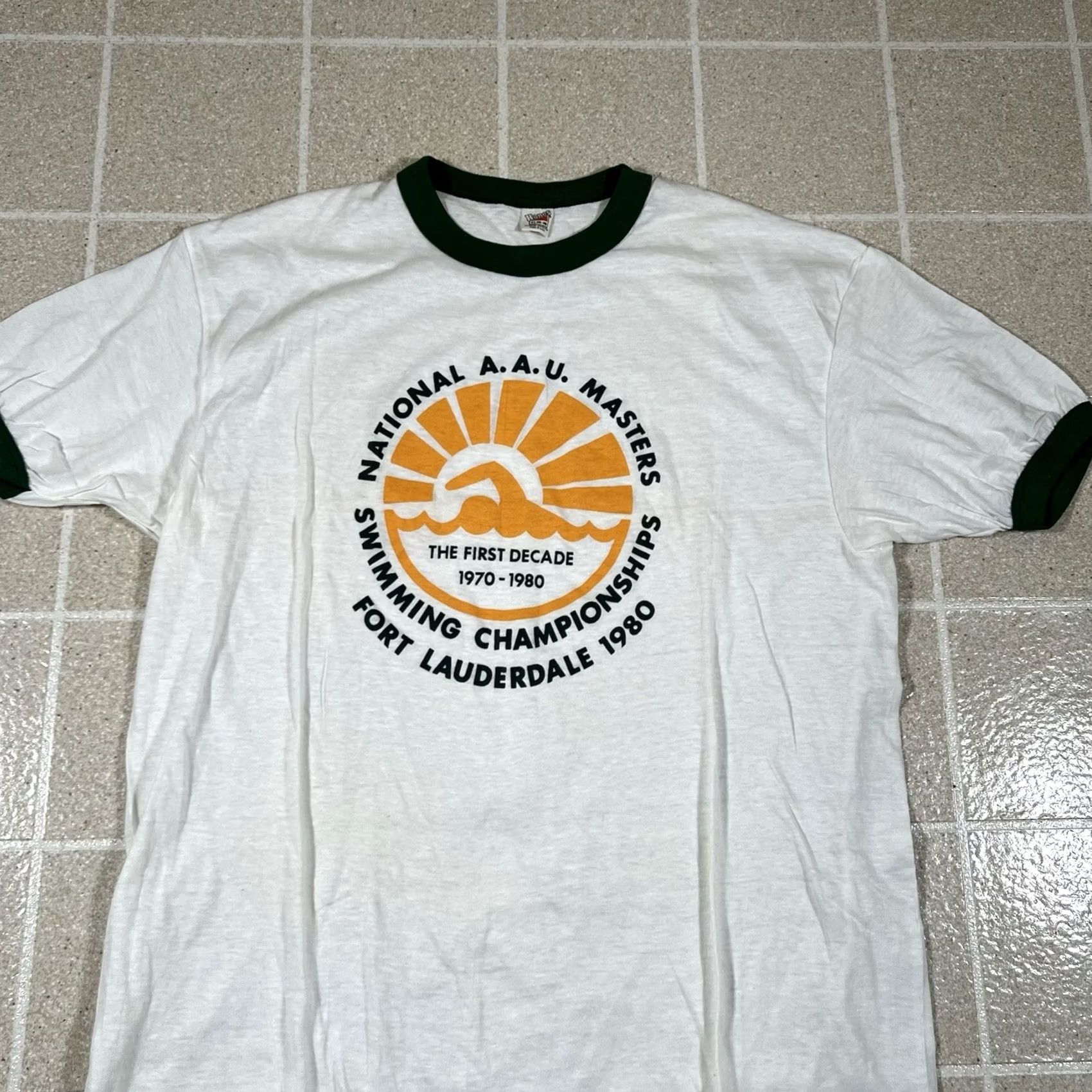 Hanes VINTAGE Hanes Masters Swimming Championship Ringer TShirt XL White Made in USA Mens Size US XL / EU 56 / 4 - 3 Thumbnail