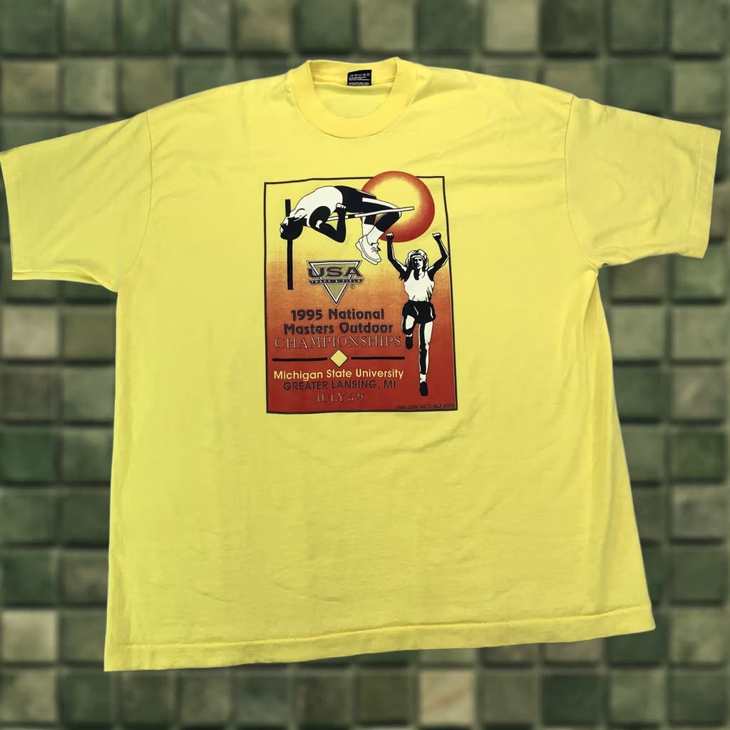Fruit Of The Loom VINTAGE Michigan State University USA Track & Field T Shirt 1995 2XL Yellow Cotton Blend Short Sleeve Crew Neck Unisex Adults Nike? Size US XXL / EU 58 / 5 - 1 Thumbnail