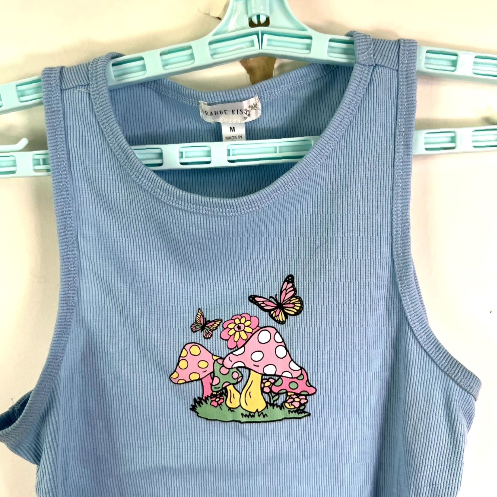 Vintage VINTAGE Orange Brand Women's Tank Top Juniors M Blue Mushroom Butterfly Graphic Sleeveless Cropped Summer 90s Size M / US 6-8 / IT 42-44 - 3 Thumbnail