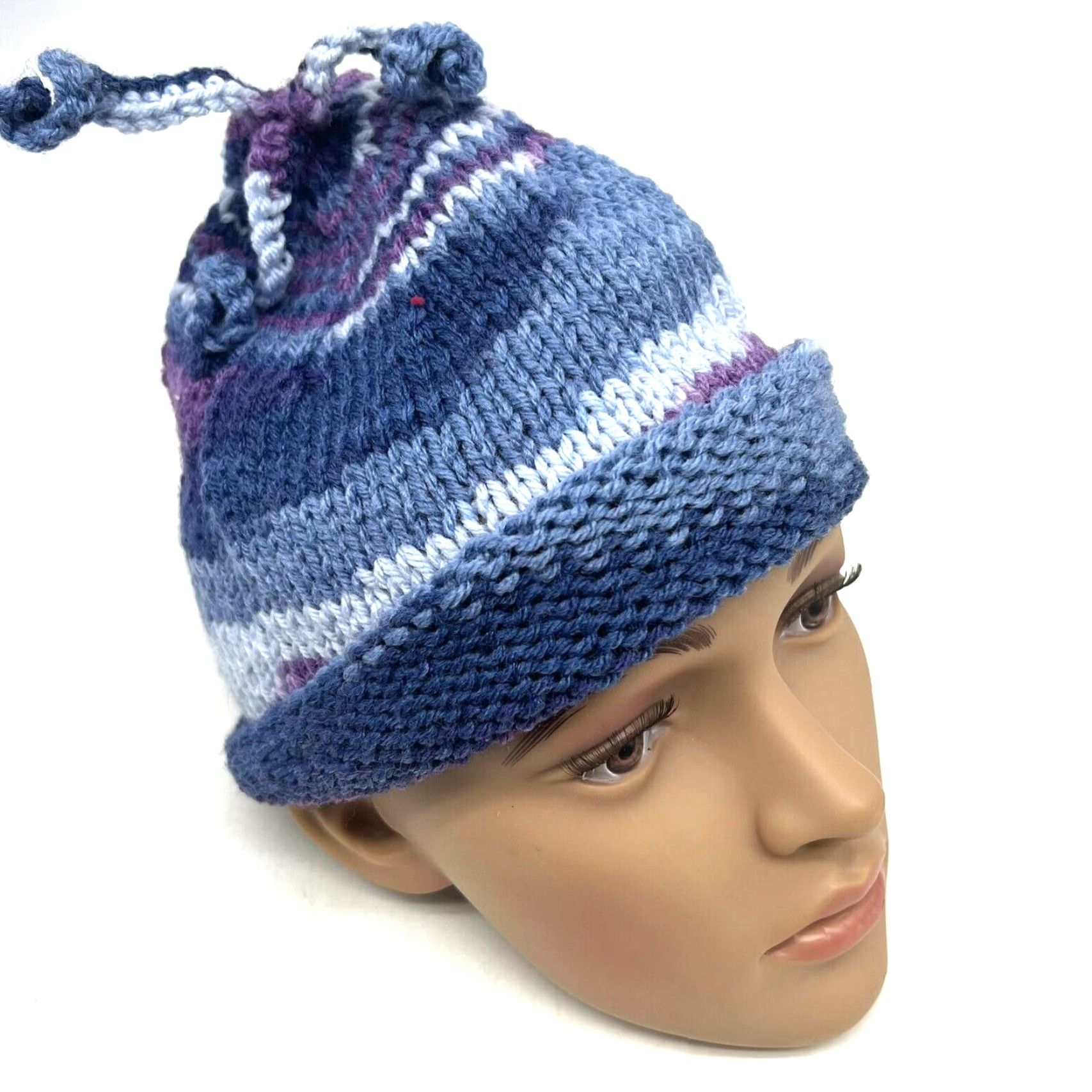 Vintage Hand Knitted in USA Purple Tasseled Womens One Size Stocking Cap Beanie Hat Size ONE SIZE - 2 Thumbnail