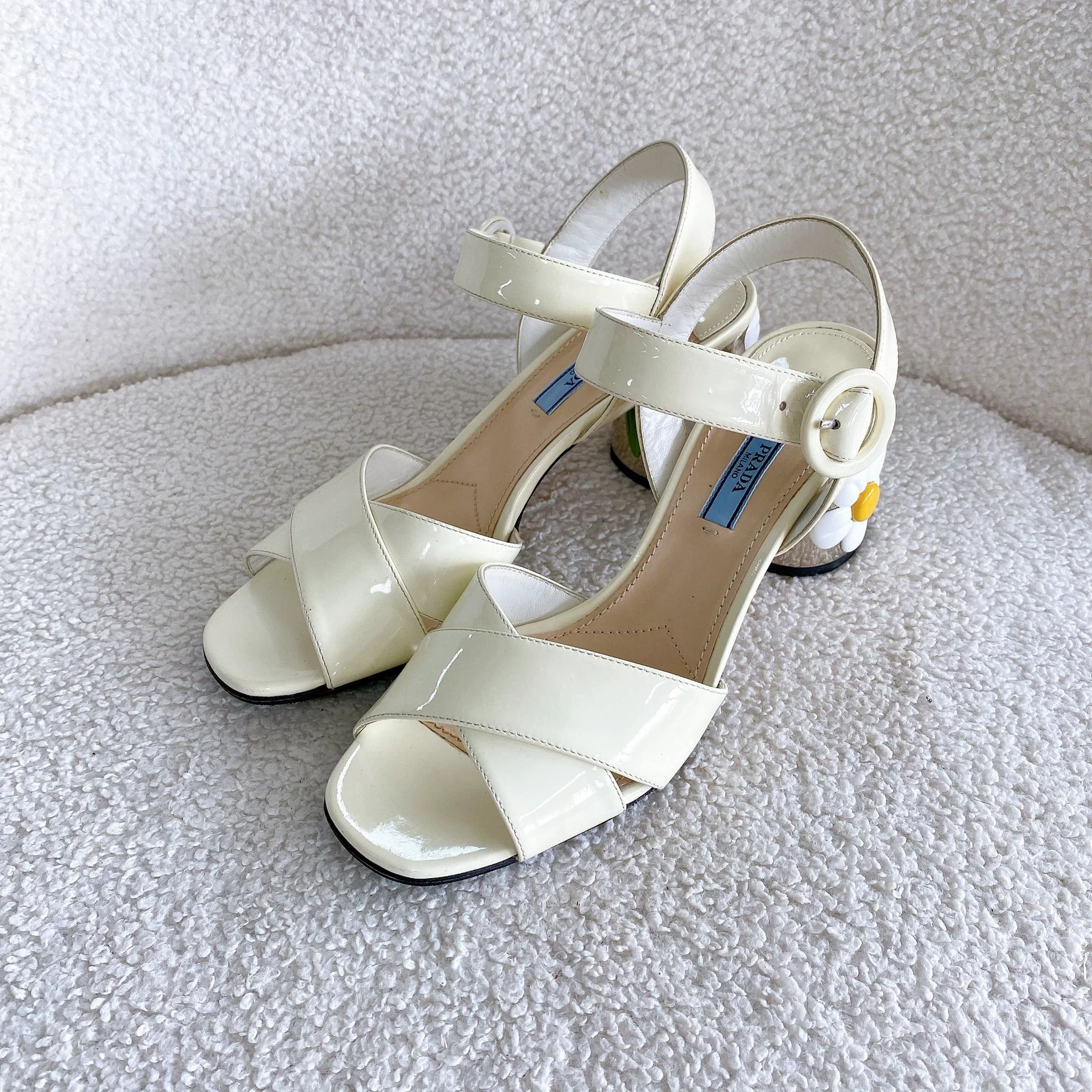 Prada Prada White Patent Leather Heeled Sandals 37.5 Size US 7 / IT 37 - 1 Thumbnail