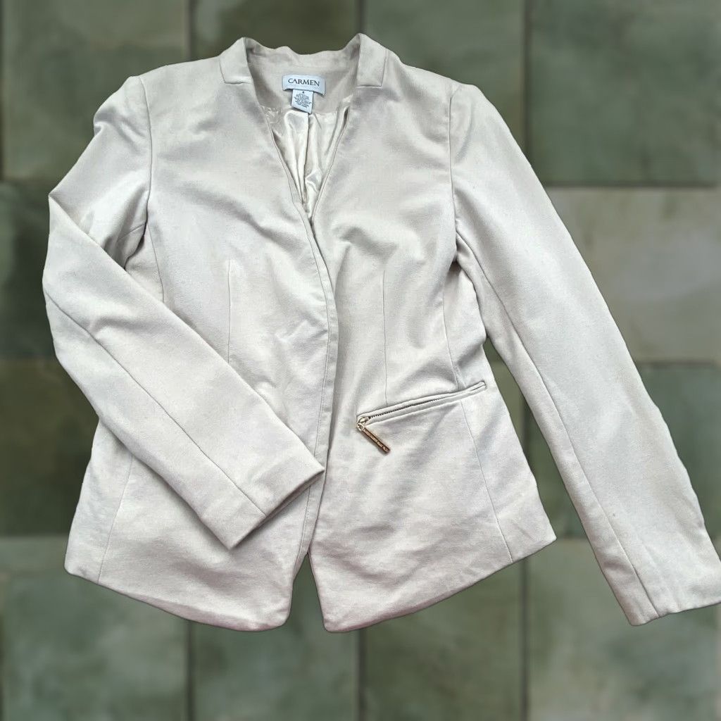 Vintage Carmen Marc Valvo Womens Cream Blazer Jacket 4 Regular Size Long Sleeve Open Front Pockets Business Classic Style Size S / US 4 / IT 40 - 1 Thumbnail