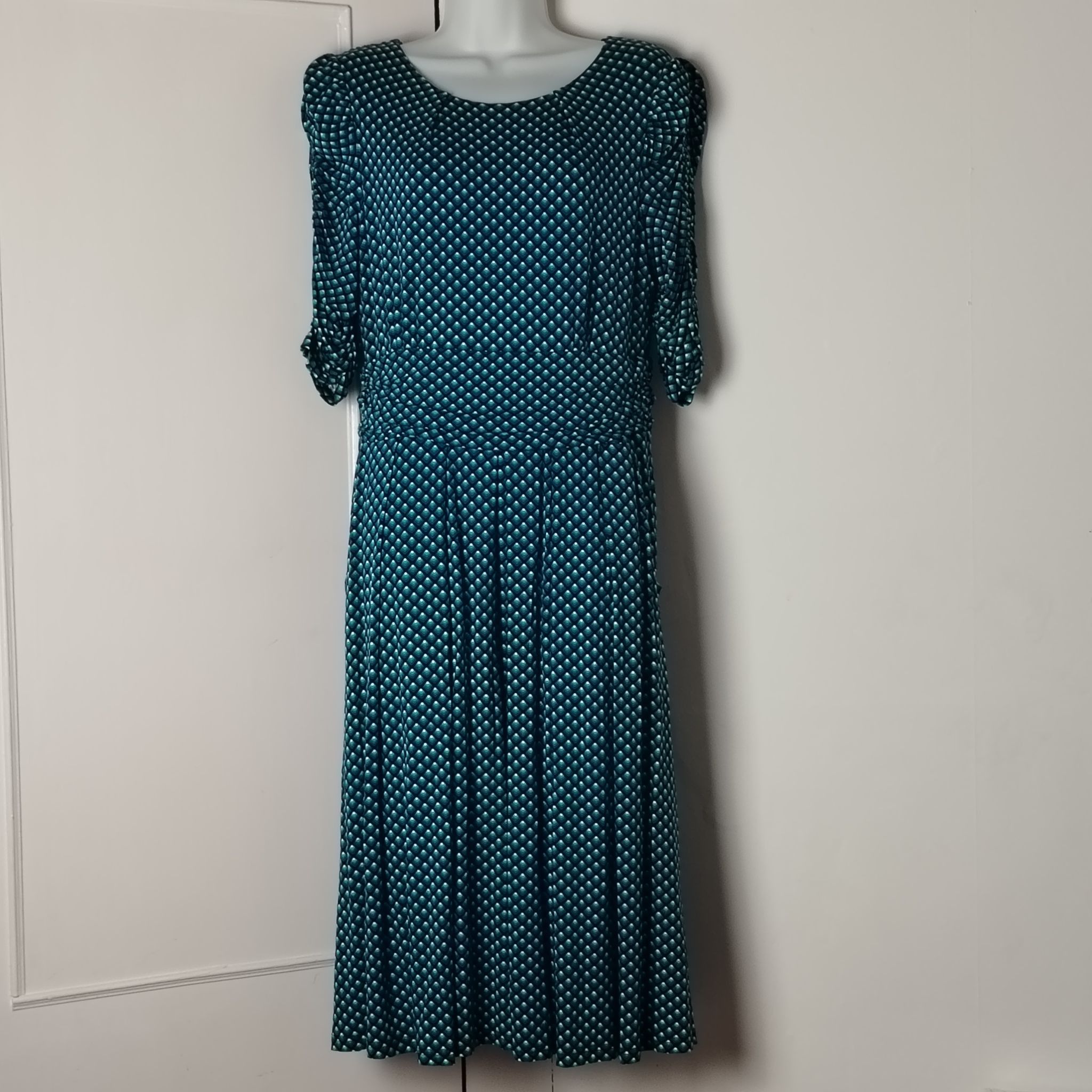 Jolie Moi Dress Pre-Loved14 Teal Geometric Print Midi 3/4