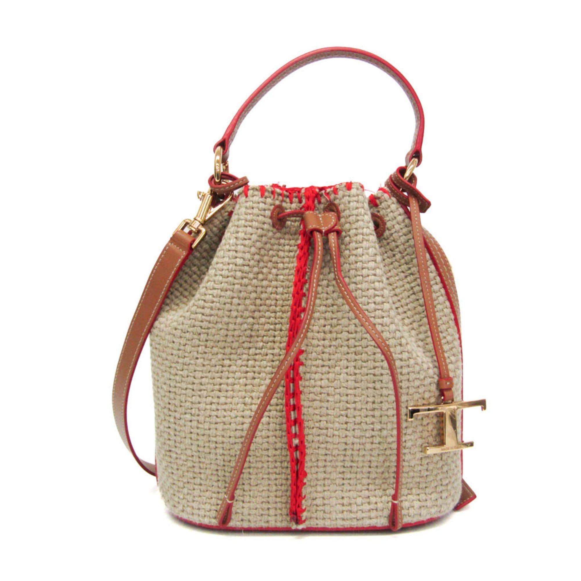 Tod's T Timeless Drawstring Bag Women's Cotton CanvasLeather HandbagShoulder Bag BeigeRed Color
