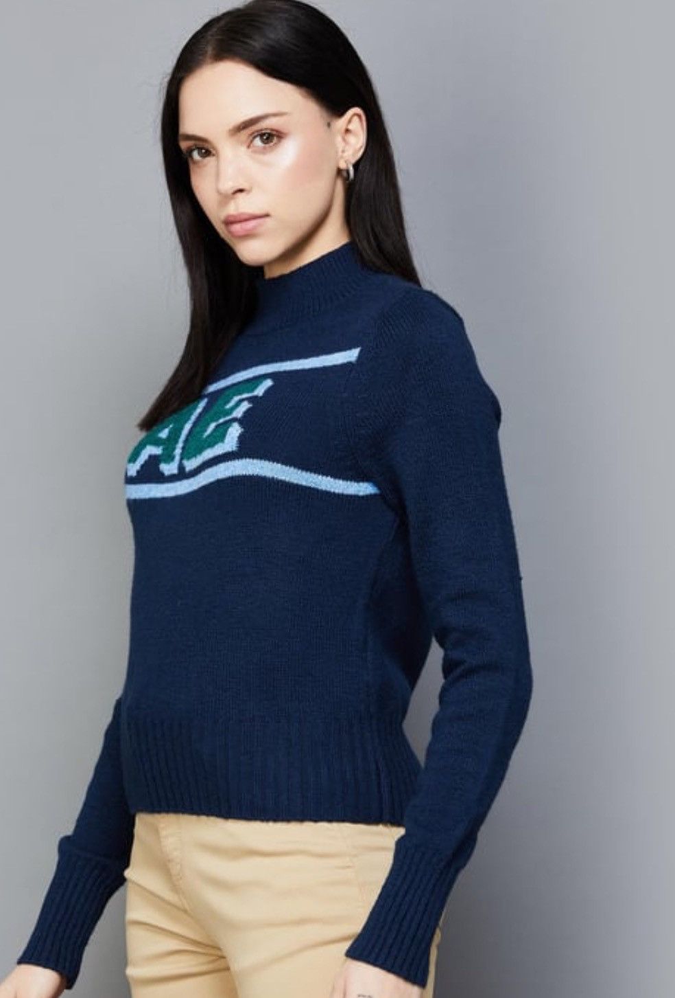 American Eagle Outfitters American Eagle Woven Holiday High Neck Knitted Blue Sweater Size S / US 4 / IT 40 - 3 Thumbnail