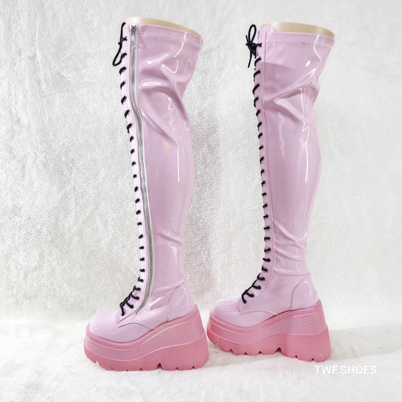 Demonia Cult DEMONIA Shaker 374 Pink Patent Platform 4.5" Wedge Heel Over Size US 12 / IT 42 - 1 Thumbnail