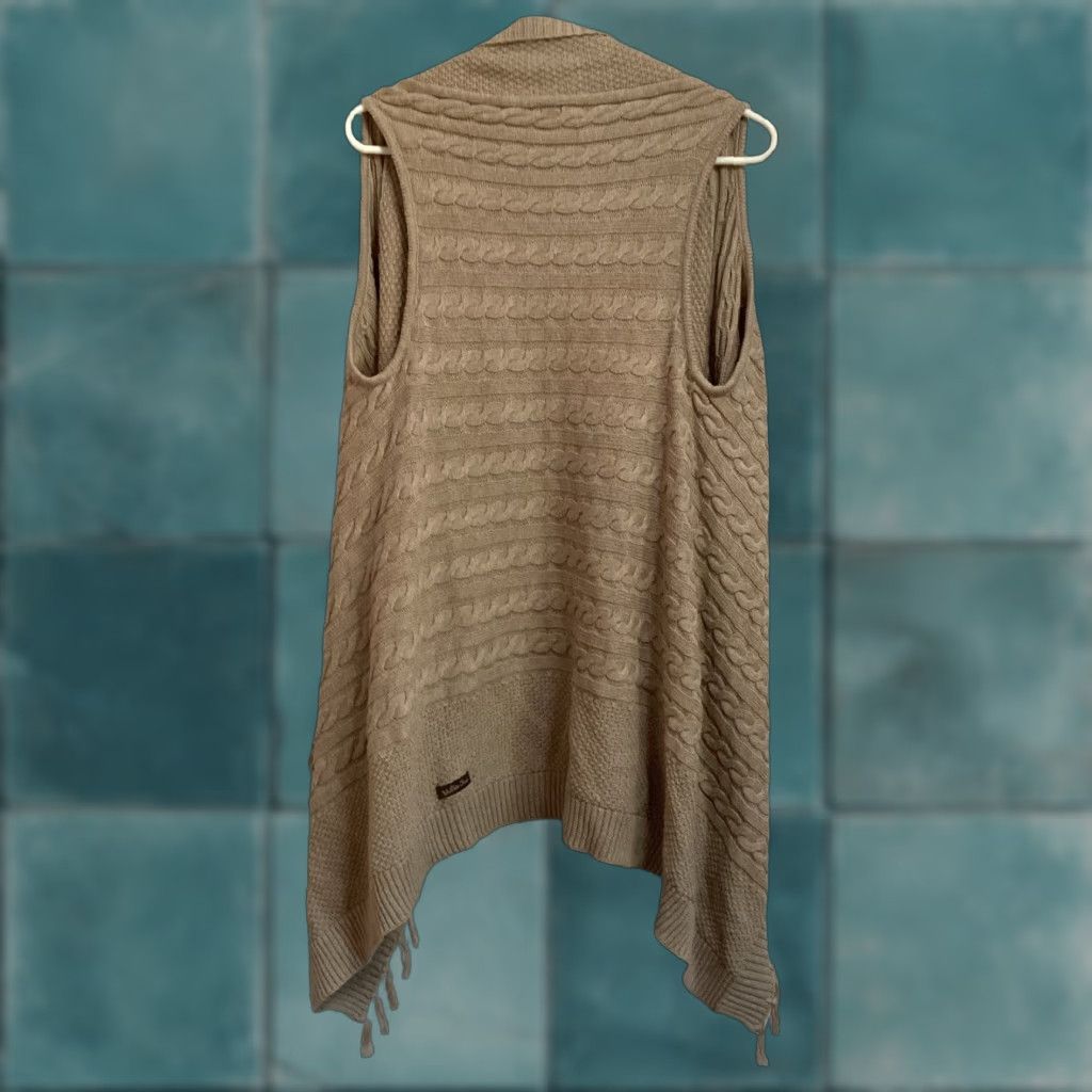 Vintage Matilda Jane Vest Cardigan Sweater Women S Brown Cable-Knit Sleeveless Fringe Open Waterfall Front Shawl Collar Bohemian Western Casual Size S / US 4 / IT 40 - 1 Thumbnail