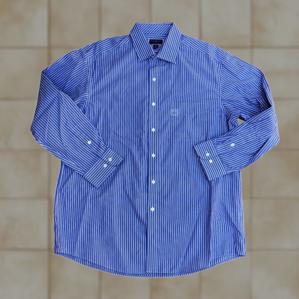 Club Room Club Room Slim Fit Performance Dress Shirt Men's 17 32/33 Striped Button Down Blue Size 46R - 1 Thumbnail