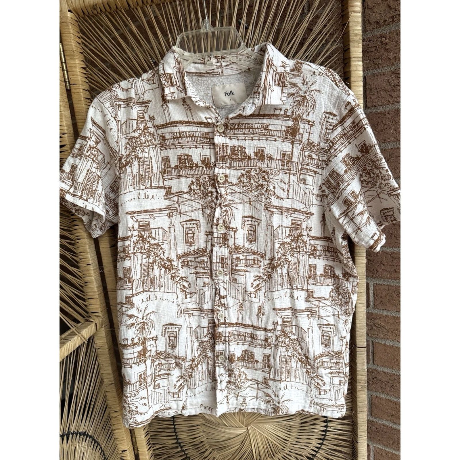 Vintage Folk Clothing Shirt Mens Short Sleeve Button-Up Cotton City Print Sz S Black/ Cream Urban Geometric 90s? Size US S / EU 44-46 / 1 - 2 Thumbnail