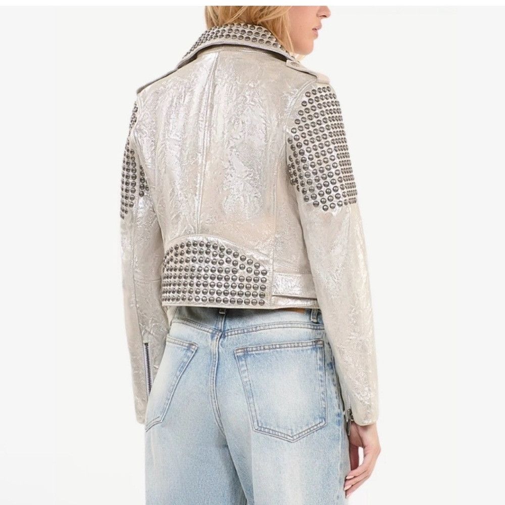The Kooples The Kooples Silver Metallic Studded Cropped Leather Moto Size L / US 10 / IT 46 - 2 Thumbnail