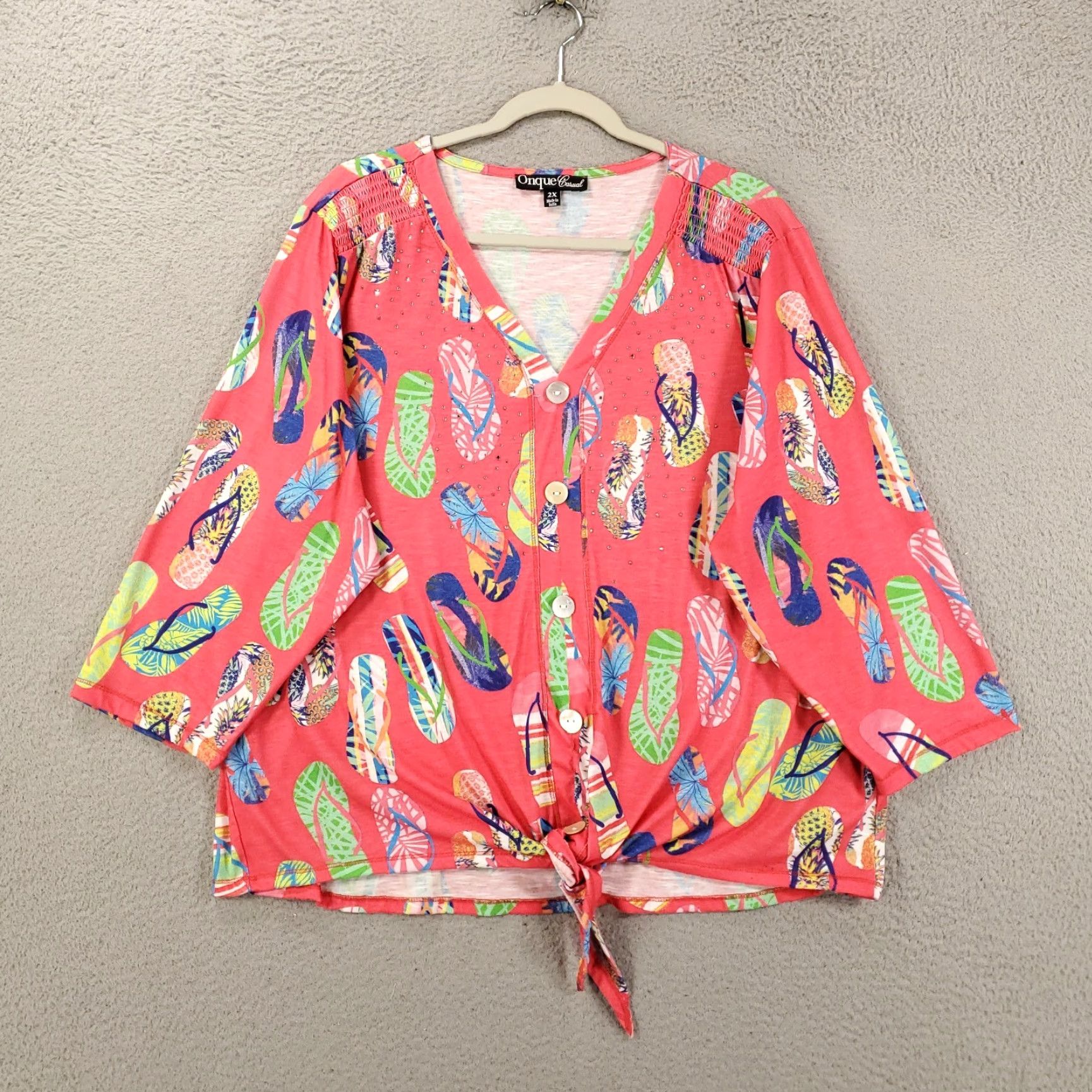 Vintage VINTAGE No, actually Vintage is No; it's Onque Casual Top Womens 2X Flip Flop Rhinestone Faux Button Up V Neck Pullover Size XXL / US 16-18 / IT 52-54 - 2 Thumbnail