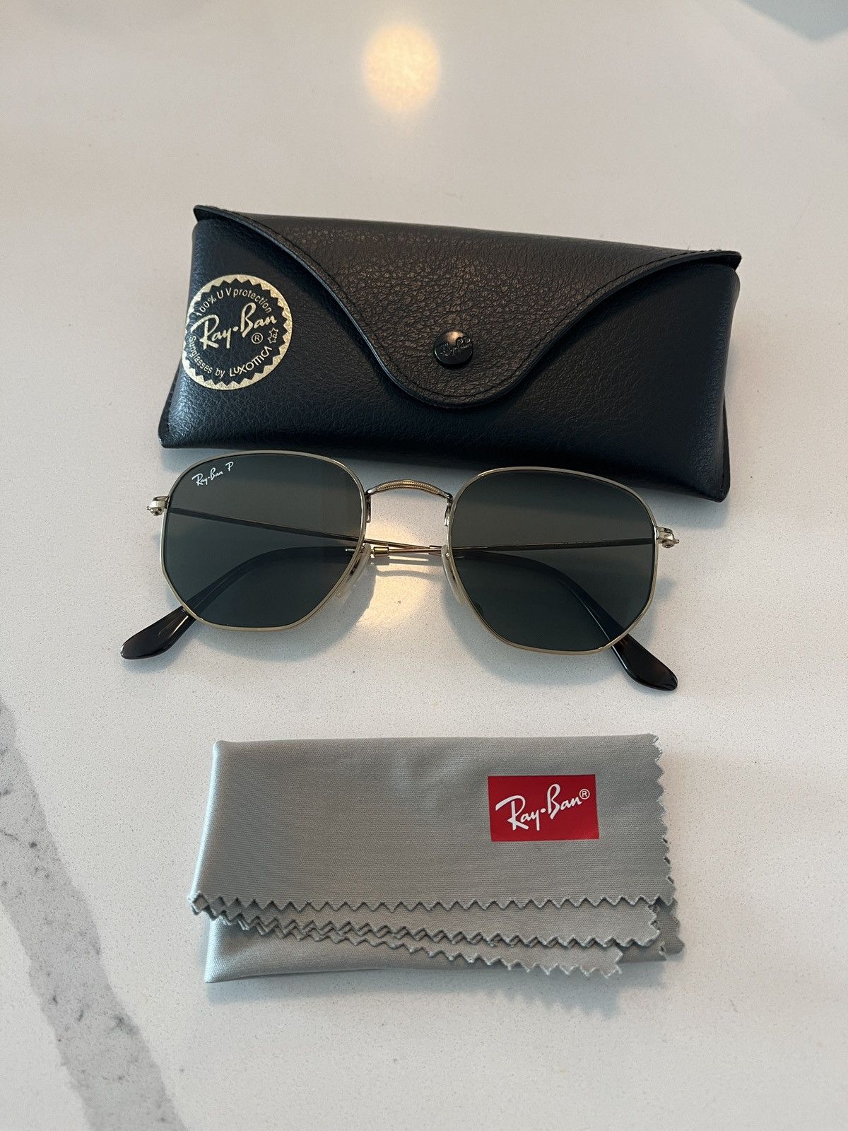 image of Rayban Hexagonal Flat Polarized Lenses Sunglasses in Gold, Men's