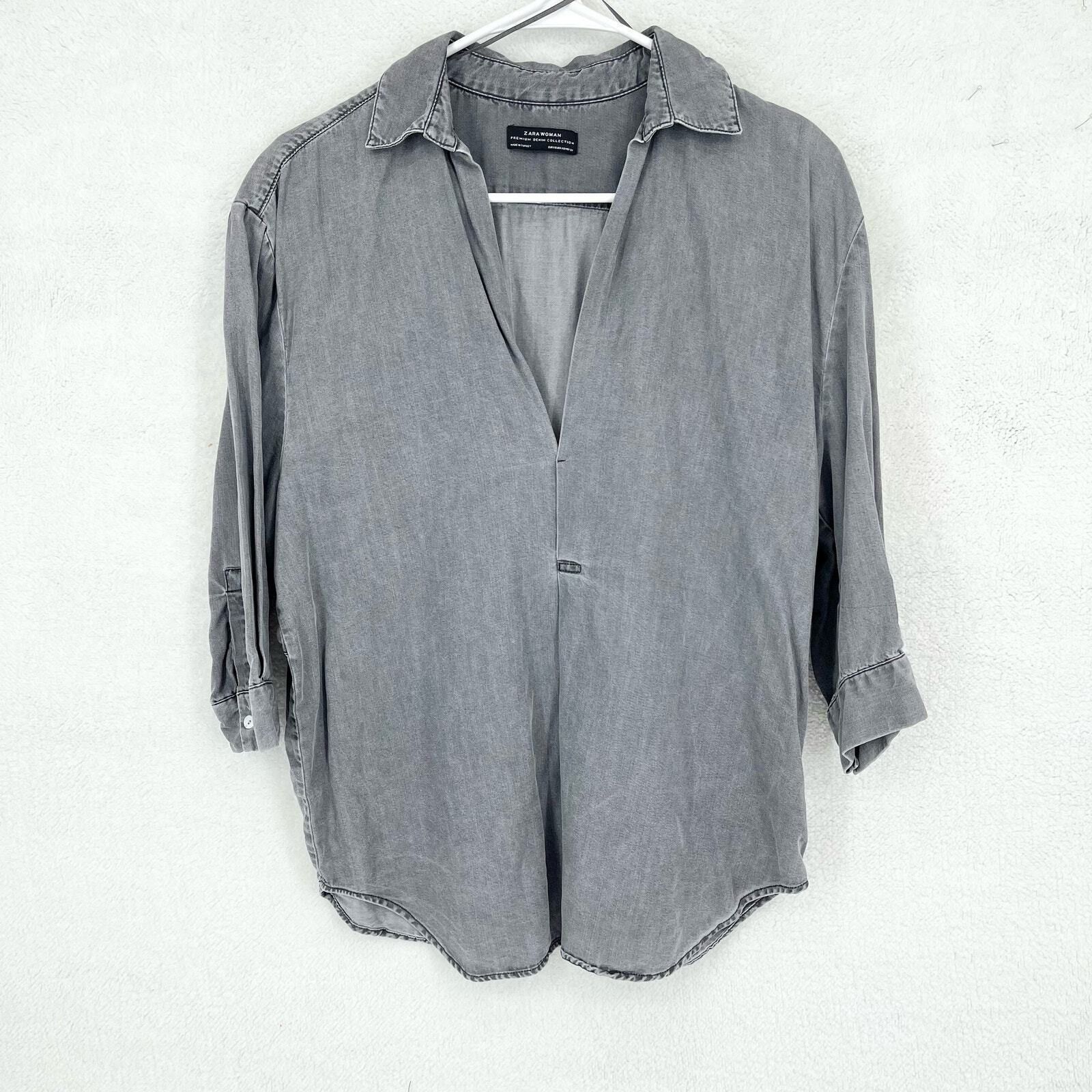 Zara Zara Blouse XS Gray 3/4 Sleeve deep V Neck Hemmed Collared Size XS / US 0-2 / IT 36-38 - 1 Thumbnail