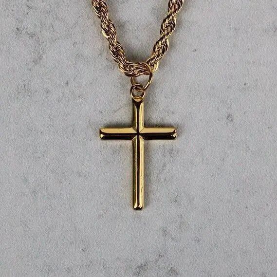 Jewelry Gold Cross Pendant Chain Necklace 3mm Rope 20 Inch Size ONE SIZE - 1 Thumbnail