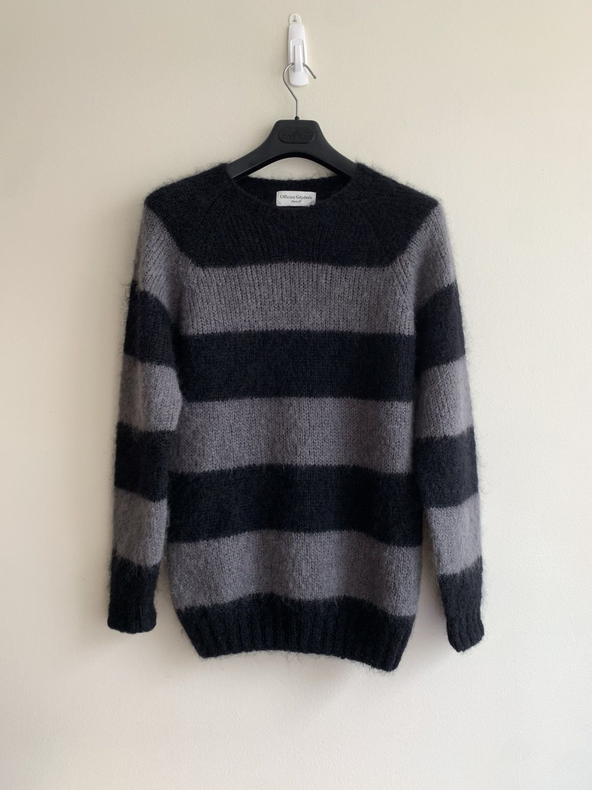Officine Generale Black/Grey Striped Mohair Wool Grunge Kurt Knit Sweater Size US M / EU 48-50 / 2 - 1 Thumbnail