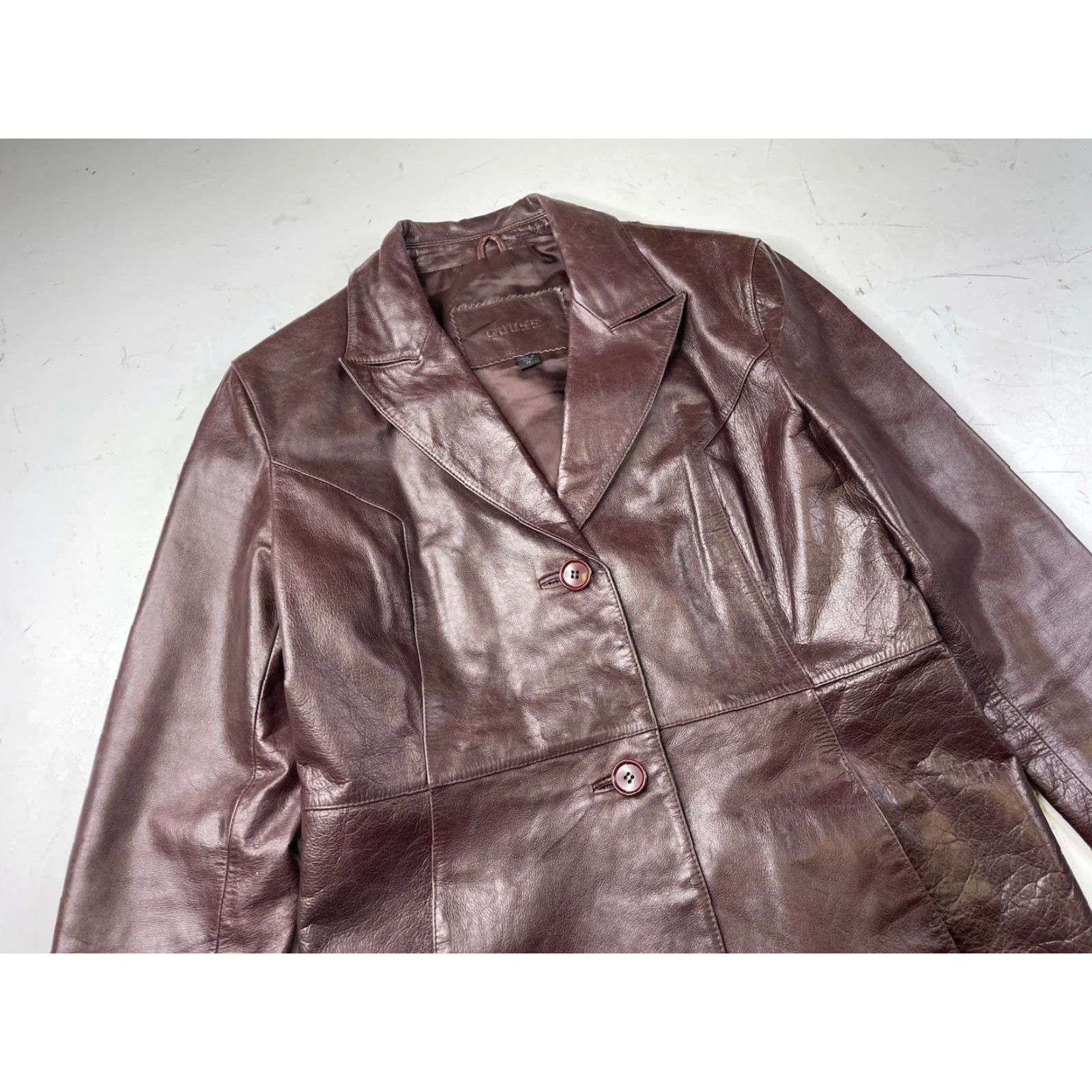 Guess VINTAGE GUESS Leather Maroon Motorcycle Jacket Women’s Size M Slim 90s City Biker Designer All Seasons Full Zip Short Sleeve Size M / US 6-8 / IT 42-44 - 2 Thumbnail