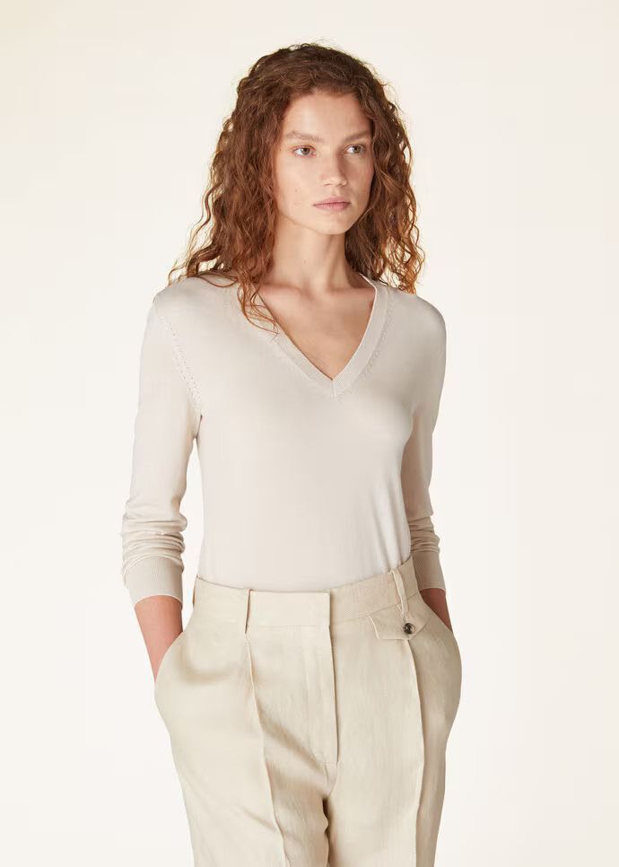 Loro Piana o1w1db10724 New Piuma V-Neck Sweater in Off White Size XL / US 12-14 / IT 48-50 - 5 Thumbnail