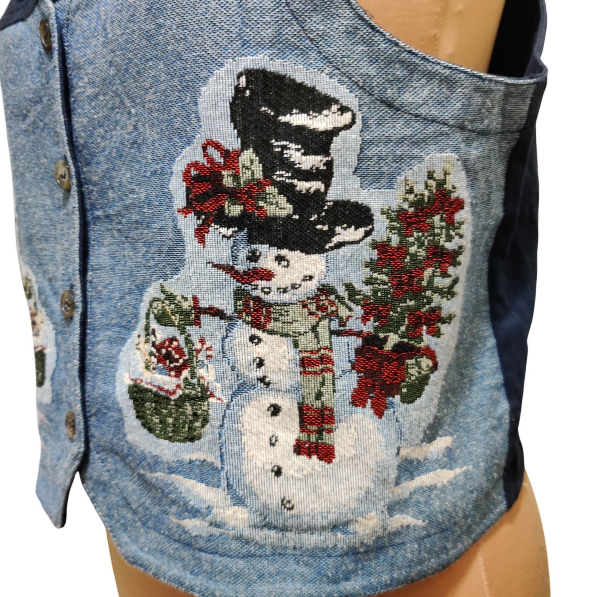 Vintage Karen Scott L womens vest vintage embroidered snowman denim Size L / US 10 / IT 46 - 4 Thumbnail