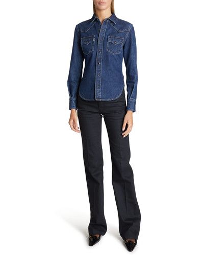 Saint Laurent Paris o1s1wg111124 Western Shirt in Sea Denim in Deep Blue Size S / US 4 / IT 40 - 4 Thumbnail