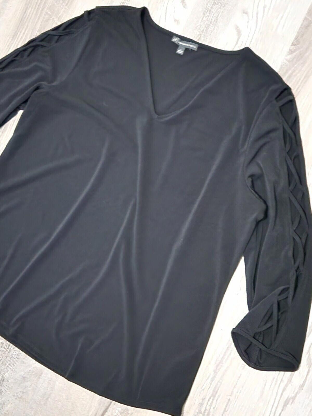 Designer Adrianna Papell Top Large Black 3/4 Sleeves Cut Out Stretch Size L / US 10 / IT 46 - 3 Thumbnail