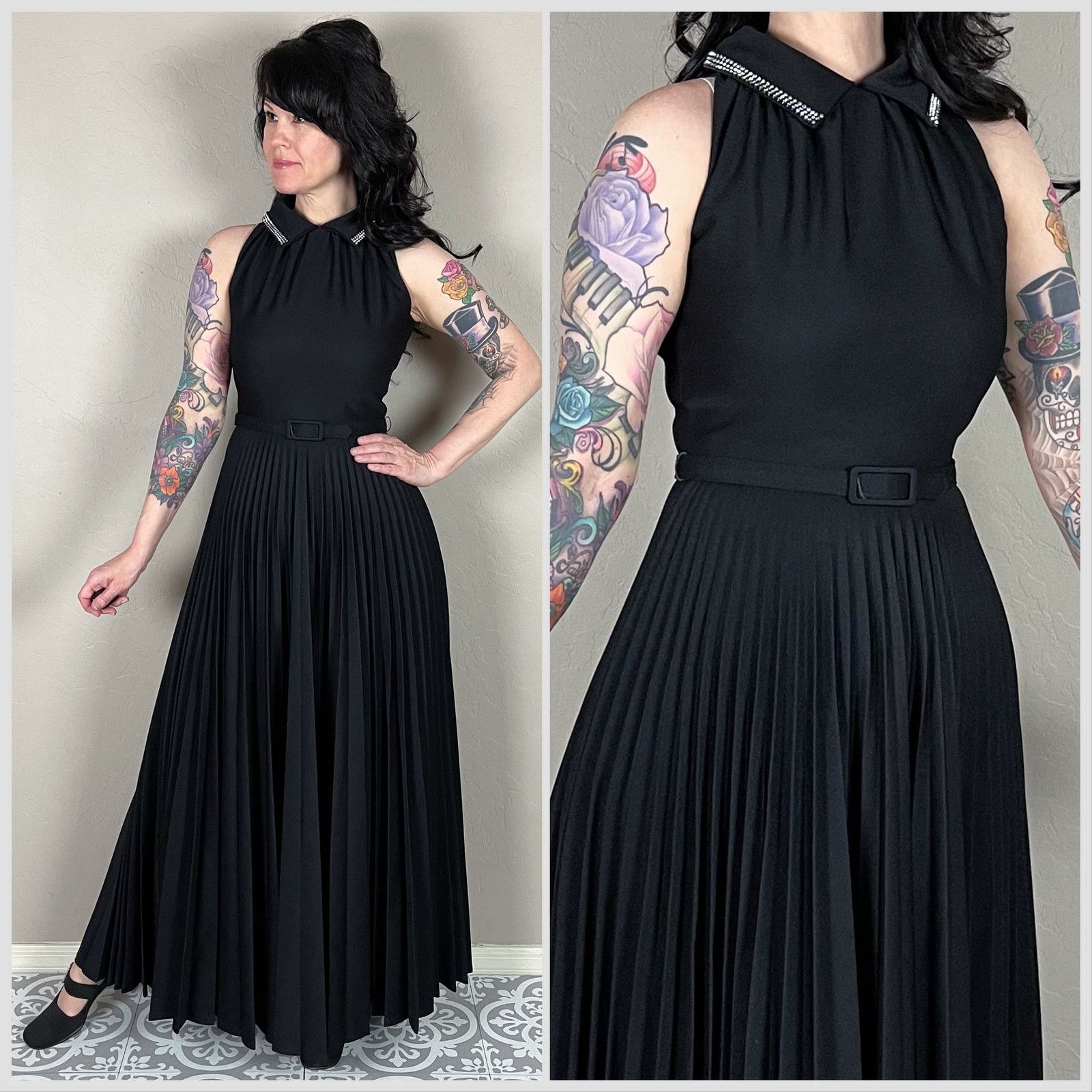Vintage Vintage 1970s Black Sleeveless Pleated Halter Maxi Size XXS / US 00 / IT 34 - 1 Thumbnail