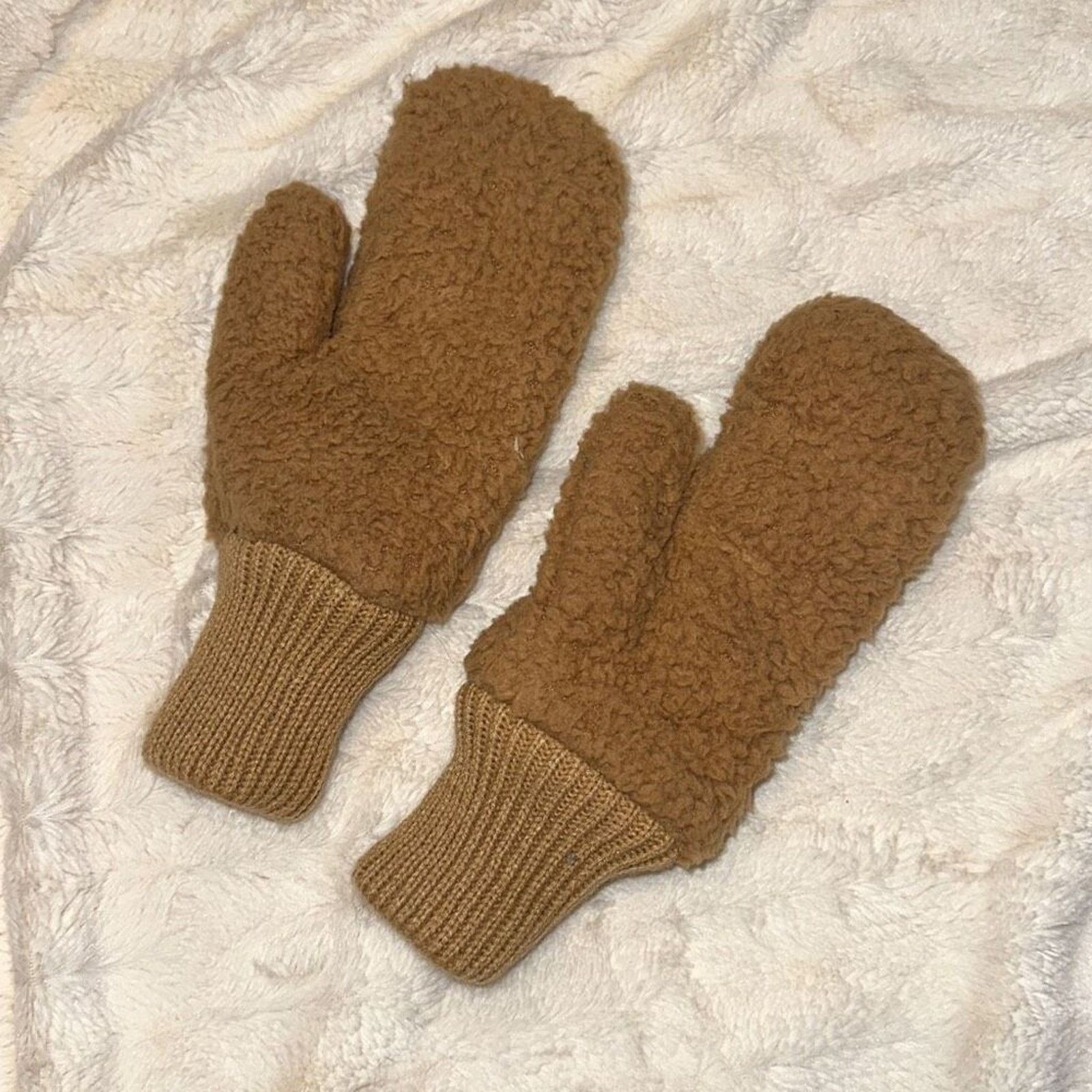 Other Teddy Feel Tan Brown Fleece Lined Mittens | Sz OS Size ONE SIZE - 3 Thumbnail