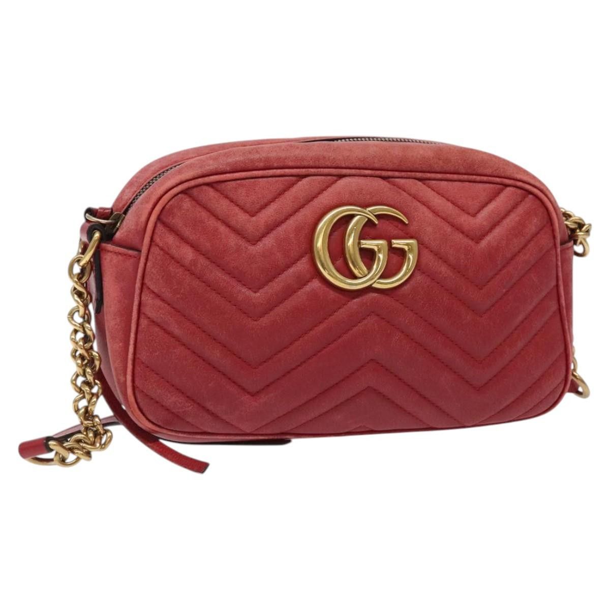 GUCCI GG Marmont Chain Shoulder Bag Leather Red Gold