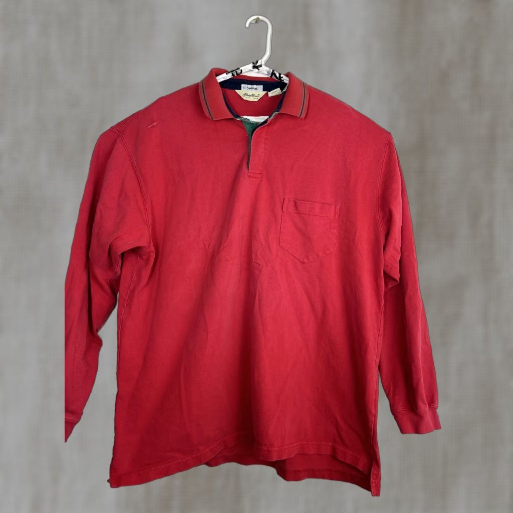 VINTAGE Eddie Bauer Polo Rugby Shirt XLT Long Sleeve Men Red Pocket Canada
