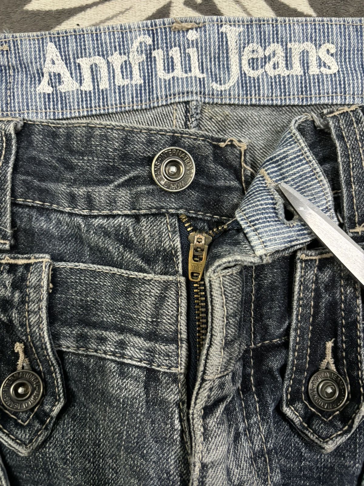 14th Addiction Japanese Brand Double Waist Cracked Wash Loose Ripped Jeans Size US 33 - 4 Thumbnail