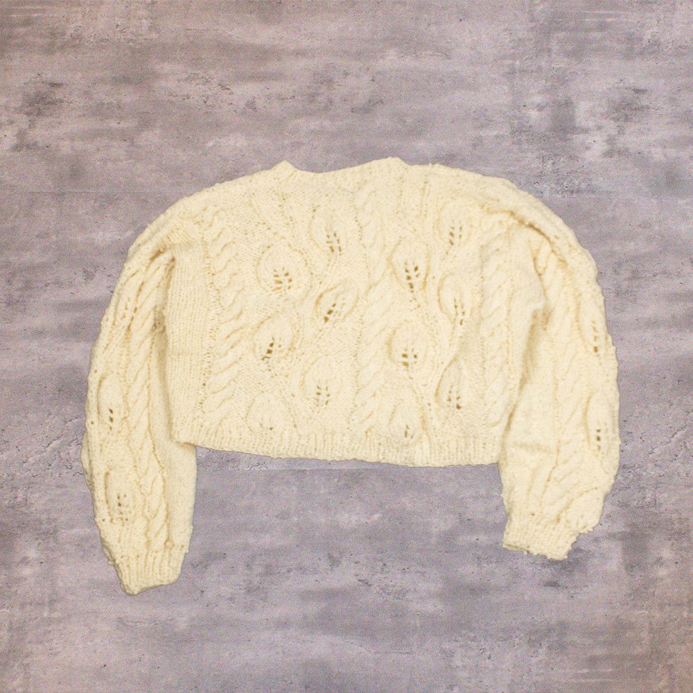 Japanese Brand VTG's 80's Flower Cable Cream Brown Cropped Cardigan Sweater Size US L / EU 52-54 / 3 - 2 Thumbnail