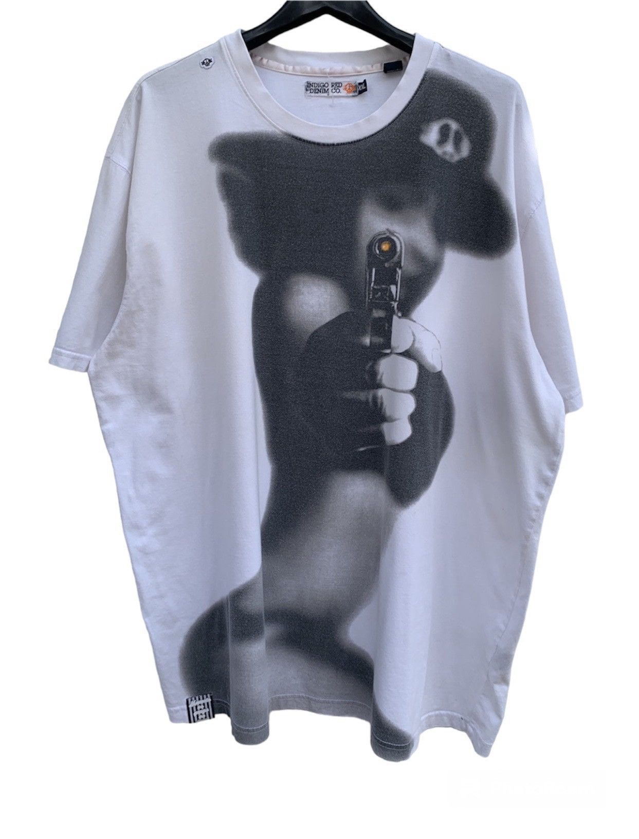 image of Archival Clothing x Rap Tees Indigo Red Denim Co Duck Ya Head Girl Shooter Tee in White (Size 2XL)