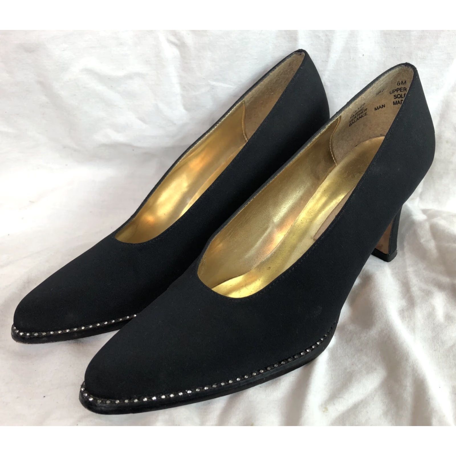 Vintage Apostrophe Piccolo High Heel Pumps 6M Blk 3” Heel Rhinestone Accents Point Toe Shoes Womens Size US 6 / IT 36 - 2 Thumbnail