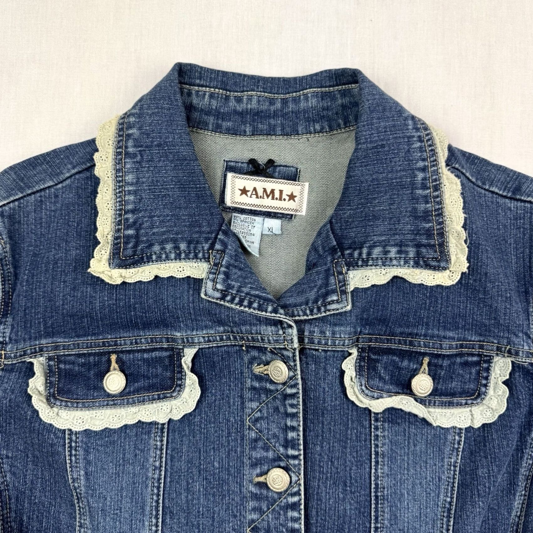 Vintage VINTAGE AMI Jacket Womens XL Lace Trim Denim Boho 3/4 Sleeve Hipster Y2K Size XL / US 12-14 / IT 48-50 - 3 Thumbnail