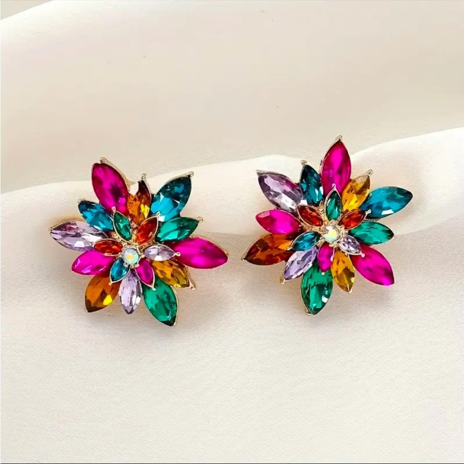 Designer Floral Multi Color Gemstone Stud Earrings Size ONE SIZE - 3 Thumbnail