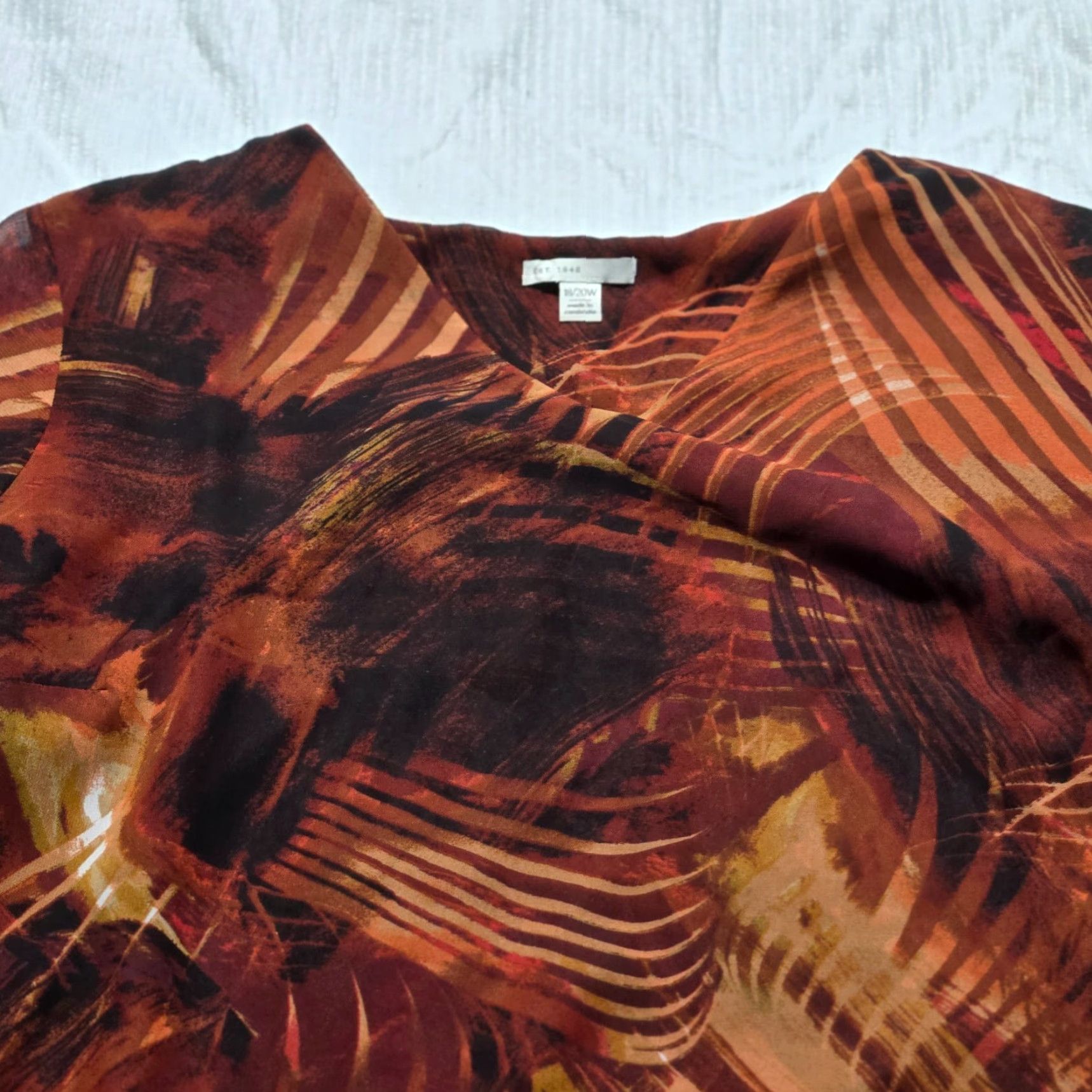 Bell Est. 1946 Shirt Blouse 3/4 Sleeve Bell Sleeve Scoop Neck Women's 20W Orange Brown/Orange Bell Sleeve Est. 1946 Shirt Womens 20W Size 3XL / US 20-22 - 2 Thumbnail