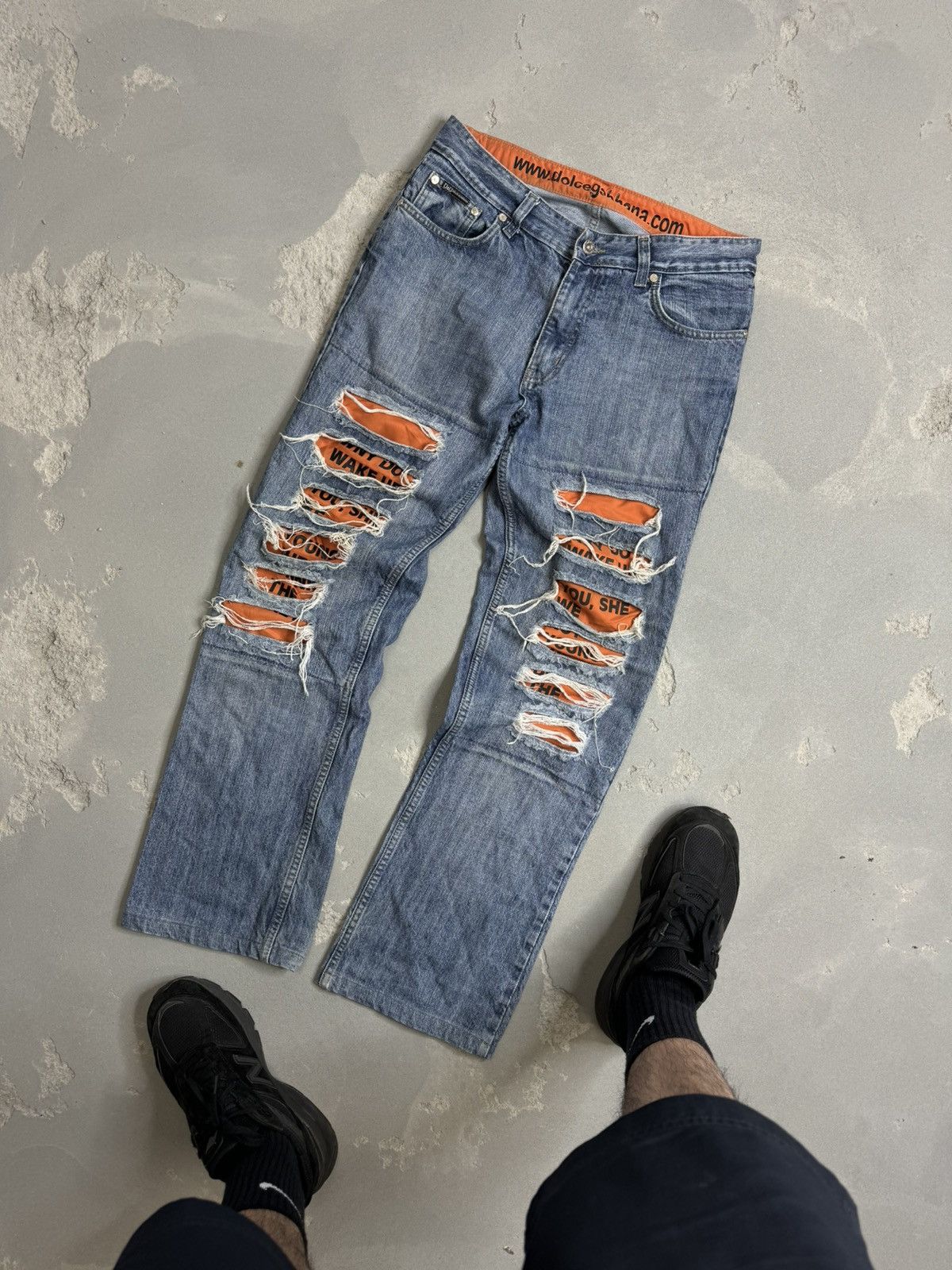 image of Avant Garde x Dolce Gabbana Y2K "why Do You Wake Up?" Ripped Jeans in Dark Blue (Size 32)