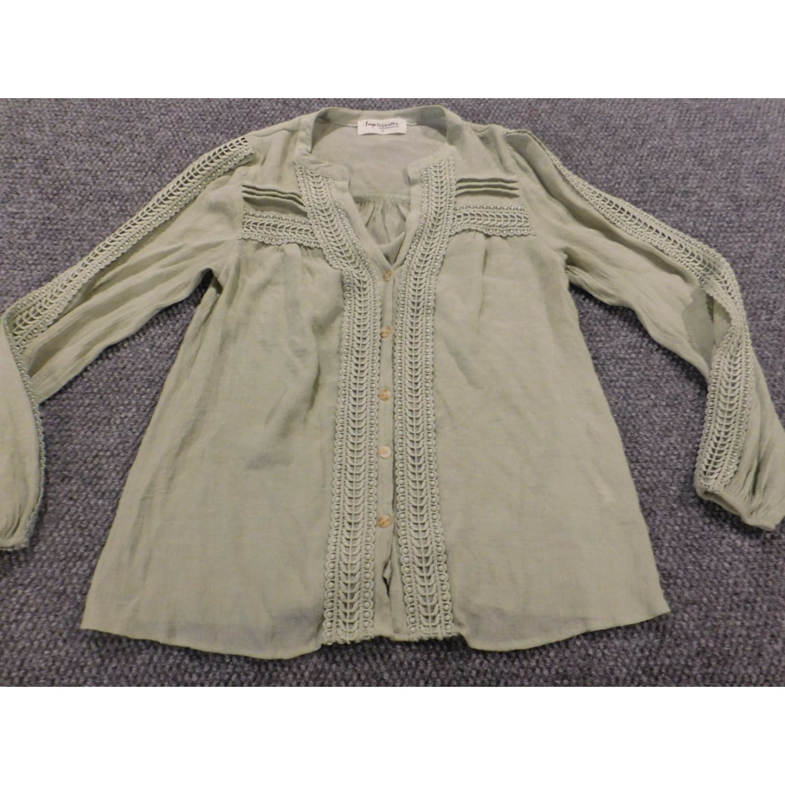 Vintage Impressions Blouse Womens Small Green Crew Neck Pullover Long Sleeve Button Top Casual Shirt Size S / US 4 / IT 40 - 2 Thumbnail